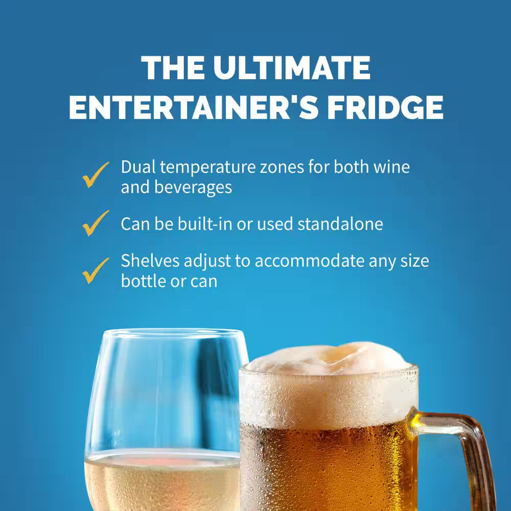 Dual Zone 24 In. Built-In 18-Bottle and 58 Can Wine and Beverage Cooler Fridge with French Doors - Stainless Steel