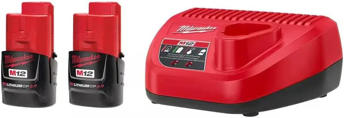 Milwaukee 48-11-2420 (2) M12 REDLITHIUM 2.0 Compact 12V Batteries & M12 Lithium-Ion Battery Charger (48-59-2401) KIT