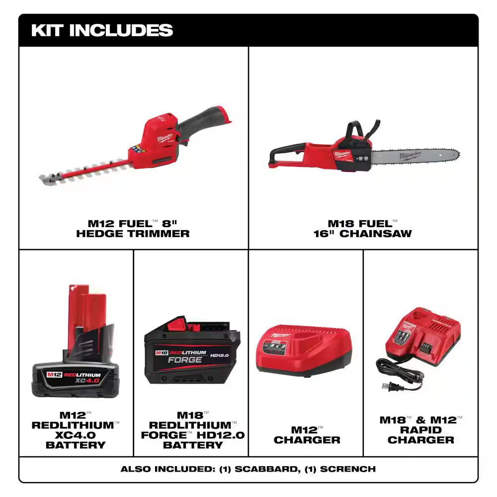 M12 FUEL 8 In. 12V Lithium-Ion Brushless Cordless Hedge Trimmer Kit and M18 FUEL 16 In. Chainsaw Combo Kit (2-Tool)