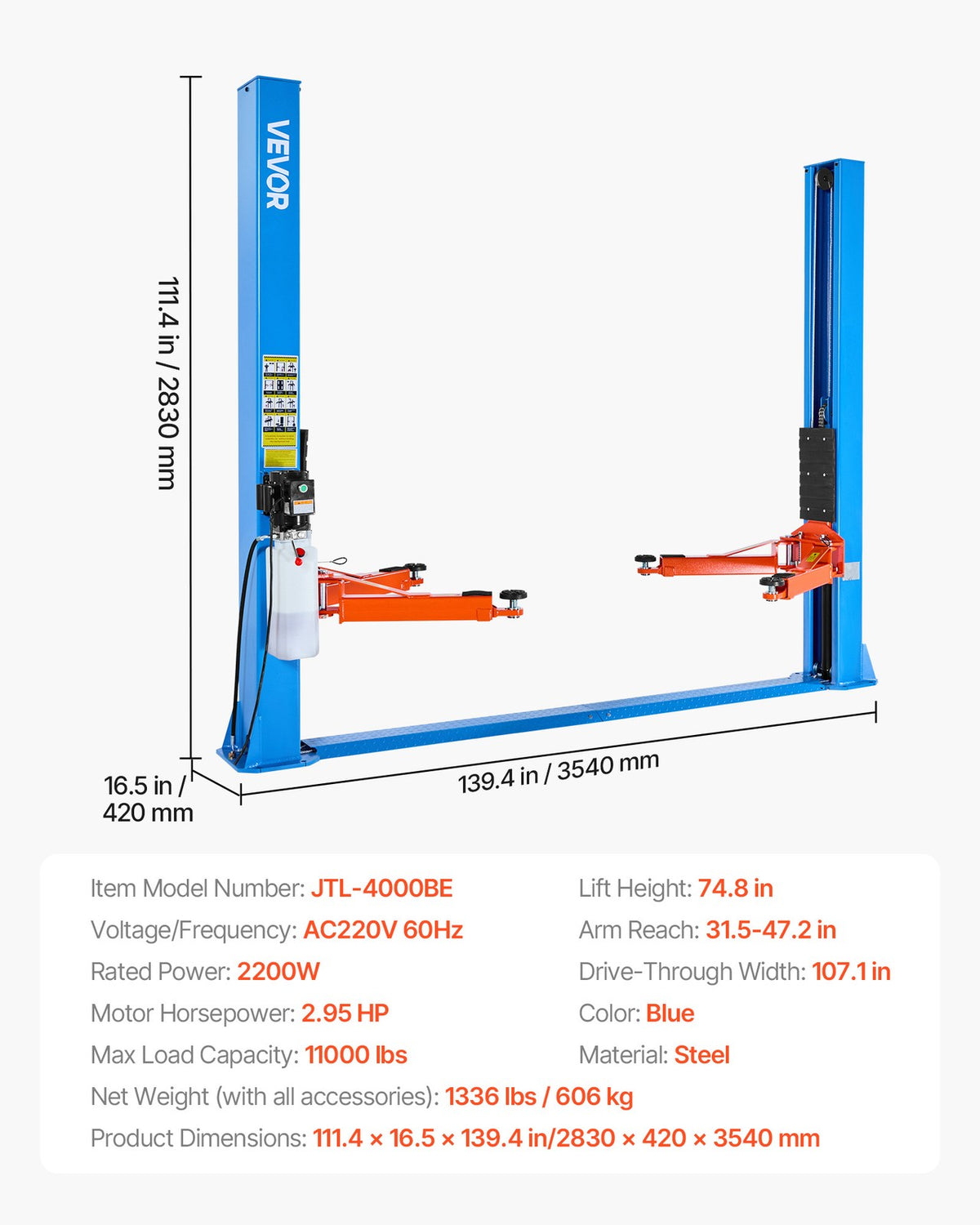 VEVOR 11000Lbs Two Post Lift 2 Post Lift Auto Hoist Repair Equipment 2.95HP