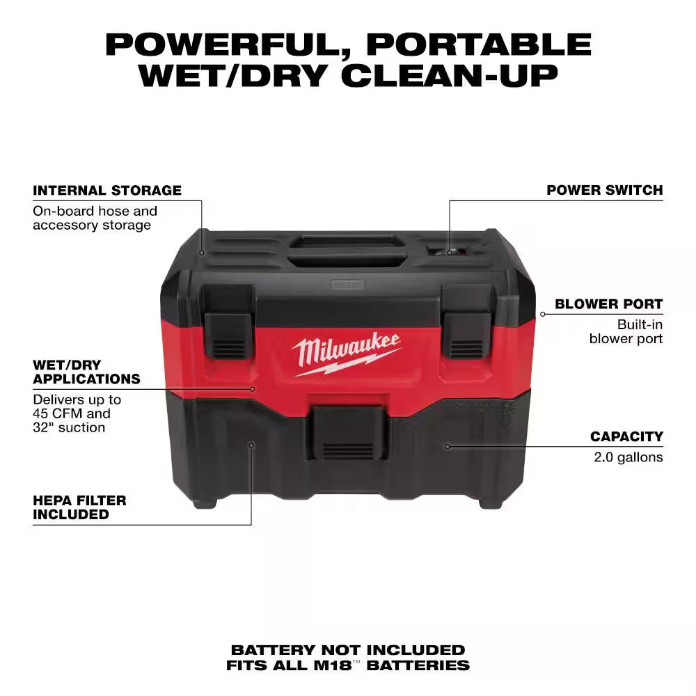M18 18-Volt 2 Gal. Lithium-Ion Cordless Wet/Dry Vacuum with AIR-TIP 1-1/4 In. - 2-1/2 In. (4-Piece) Automotive Kit
