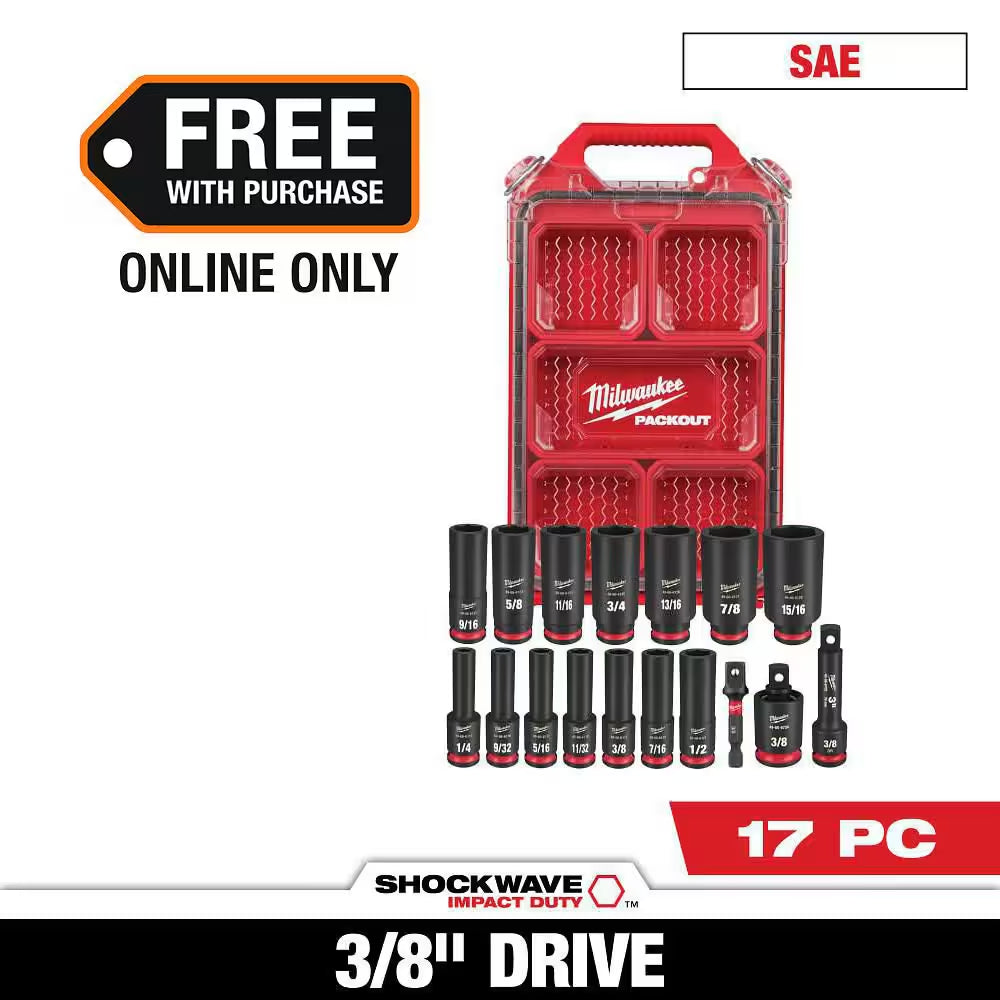 SHOCKWAVE Impact-Duty 3/8 In. Drive SAE Deep Well Impact PACKOUT Socket Set (17-Piece)