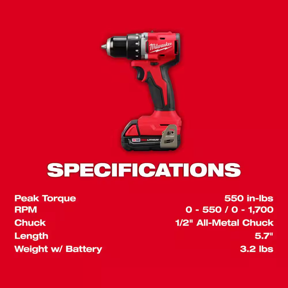 M18 18V Lithium-Ion Brushless Cordless 1/2 In. Compact Drill/Driver Kit with SHOCKWAVE Screw Driver Bit Set (45-Piece)