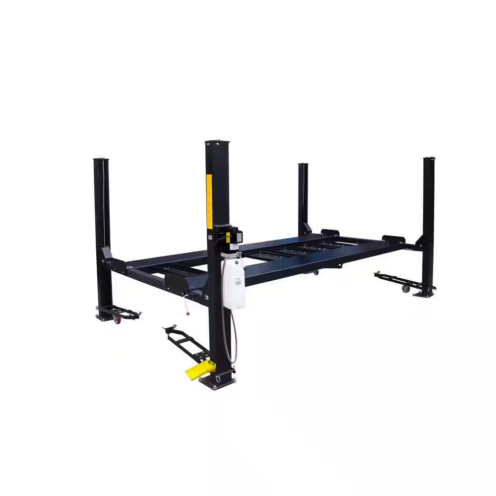 Storage 4-Post Car Lift 9,000 Lbs. Extended Length/Height - with Poly Casters, Drip Trays, Jack Tray