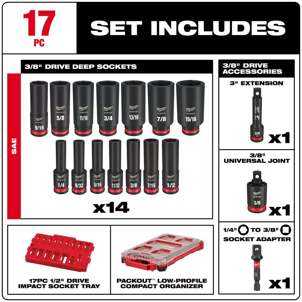 SHOCKWAVE Impact-Duty 3/8 In. Drive SAE Deep Well Impact PACKOUT Socket Set (17-Piece)