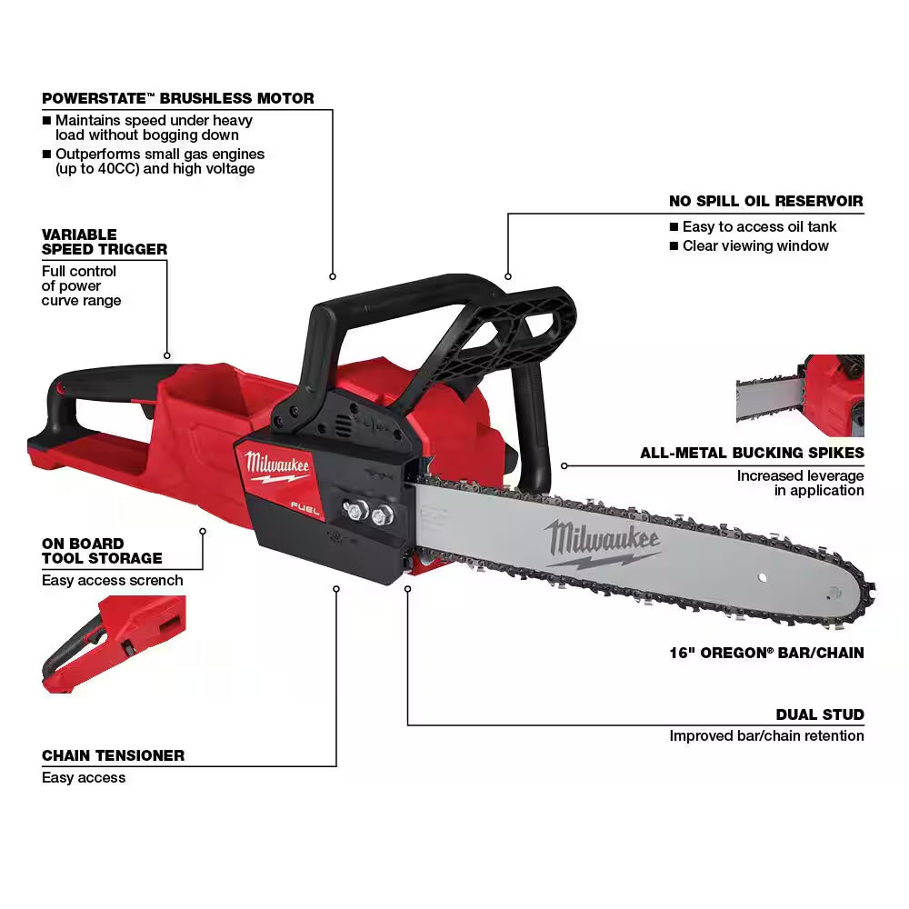 M18 FUEL 18V Lithium-Ion Brushless Battery 16 In. Chainsaw W/ M18 5.0Ah