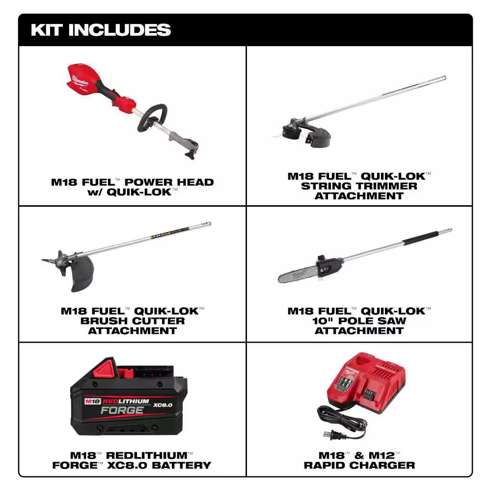 M18 FUEL 18V 16 In. Brushless Cordless QUIK-LOK String Trimmer 8.0 Ah FORGE Kit W/ Pole Saw & Brush Cutter Attachments