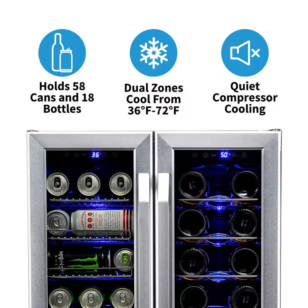 Dual Zone 24 In. Built-In 18-Bottle and 58 Can Wine and Beverage Cooler Fridge with French Doors - Stainless Steel