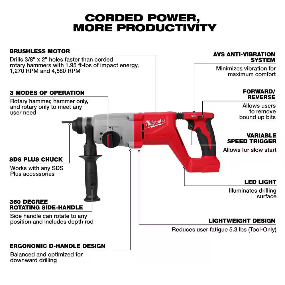 M18 18V Lithium-Ion Brushless Cordless 1 In. Sds-Plus D-Handle Rotary Hammer (Tool-Only) with Carbide Bit Set (8-Piece)