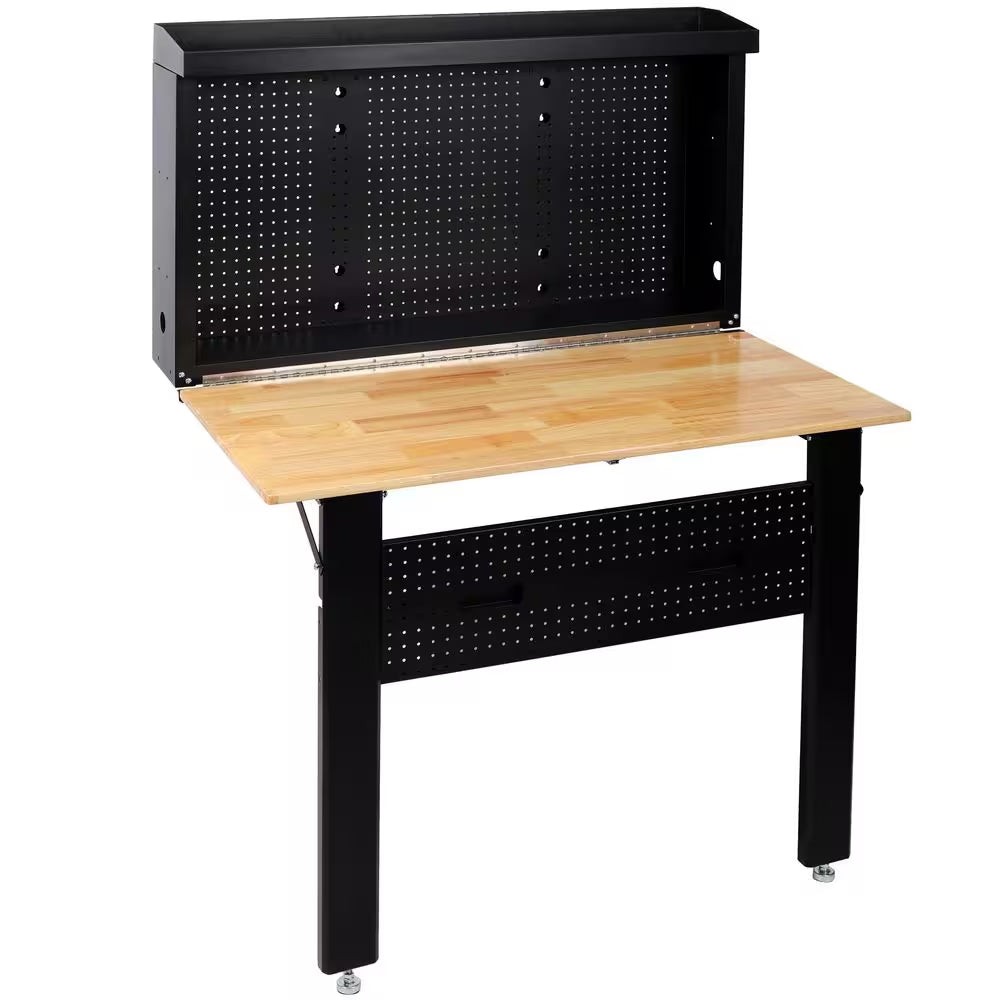 Robust Wall Mounted Tool Rack Foldable Workbench 32.5 In. W × 47.2 In. D × 63.75 In. H with Rubberwood Top Tool Pegboard