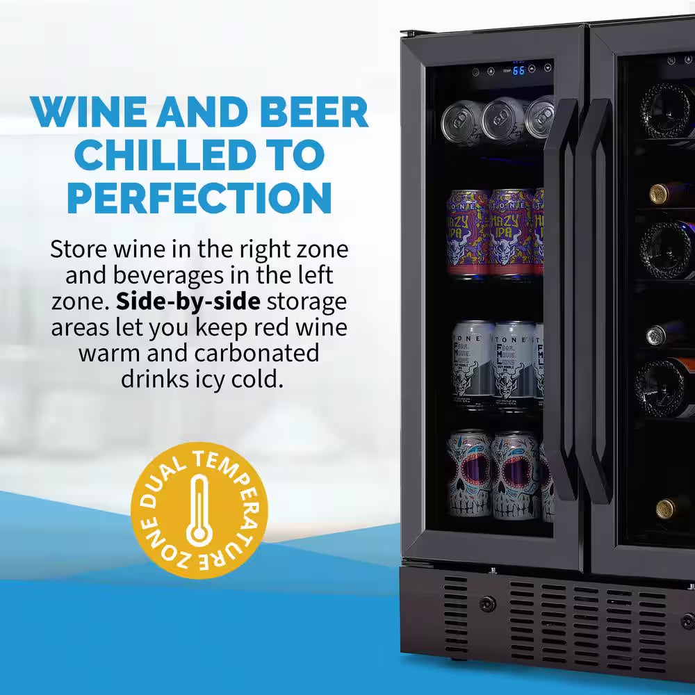 24 In.18 Bottles 60 Cans Built-In Dual Zone Beverage and Wine Cooler in Black Stainless Steel with French Doors and Lock