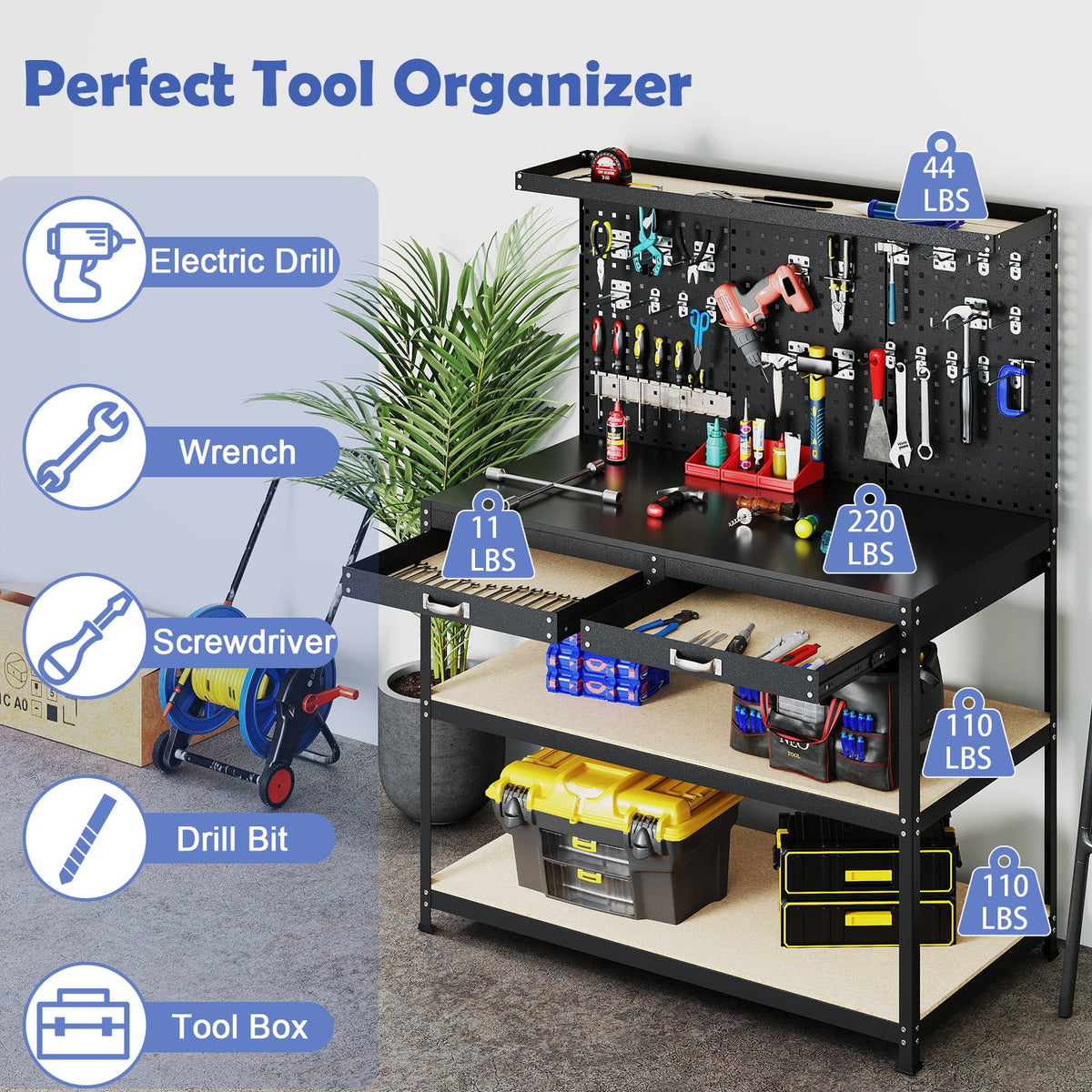 48 x 24 Inch Workbench Work Table with 3 PCs Pegboard Drawer and Shelves