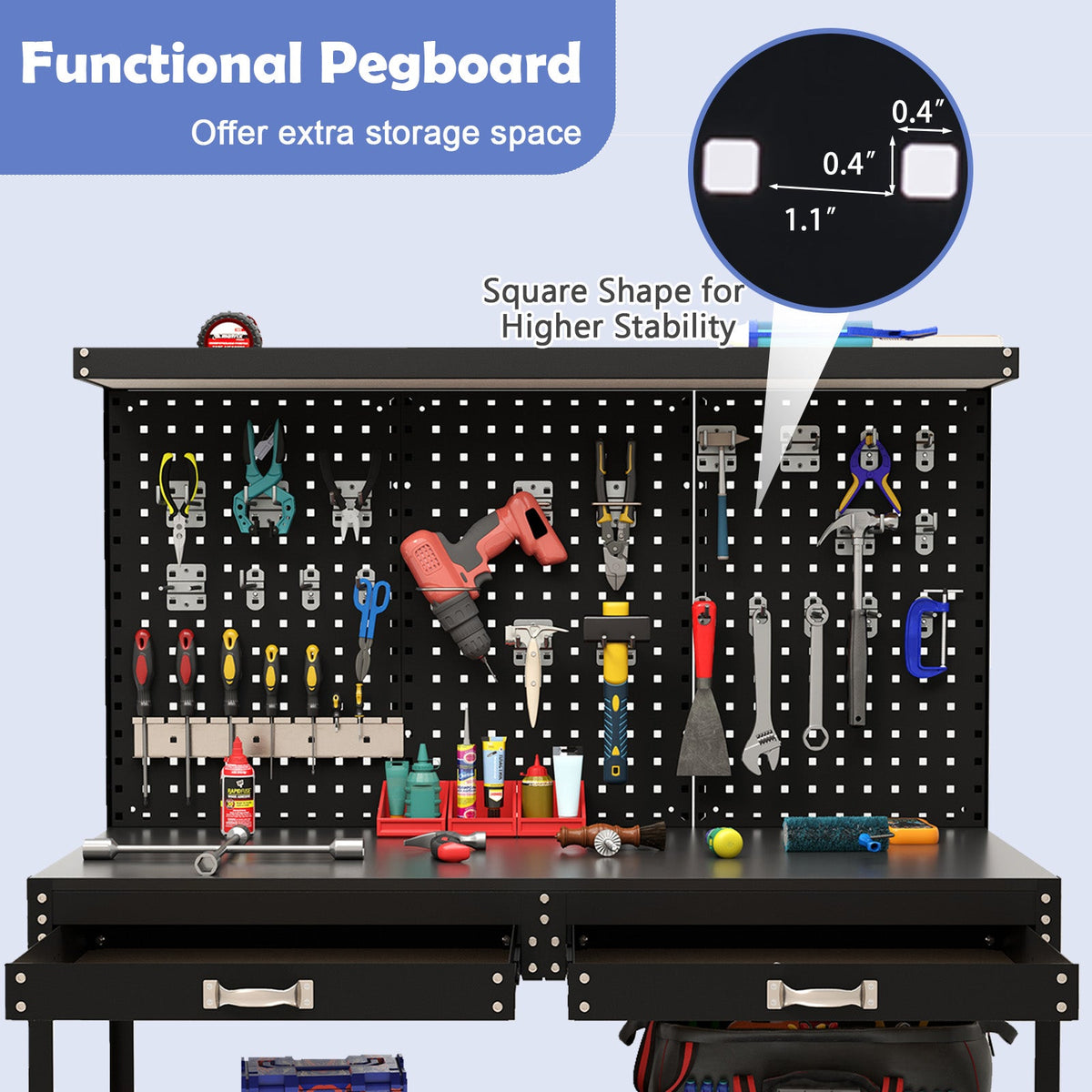 48 x 24 Inch Workbench Work Table with 3 PCs Pegboard Drawer and Shelves