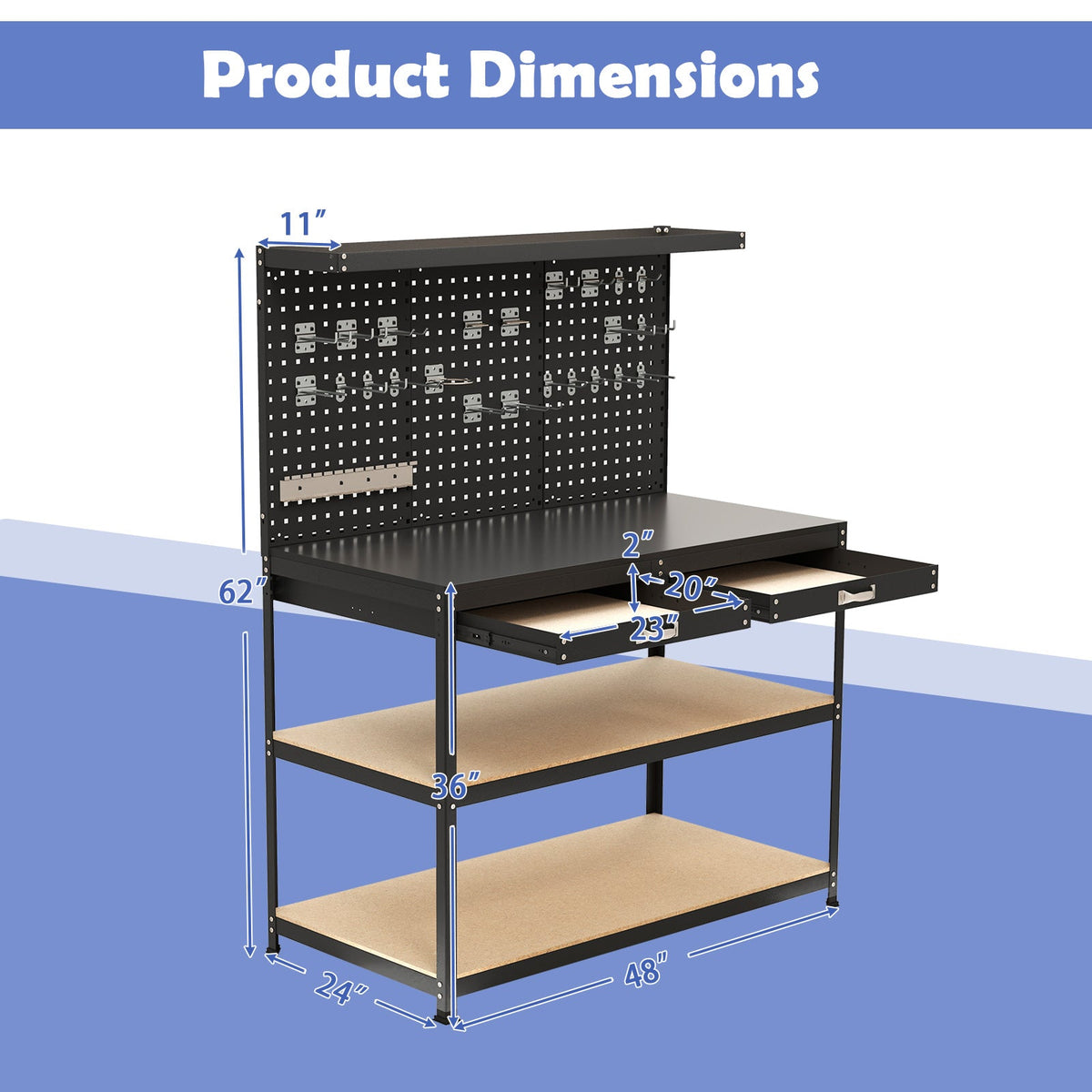 48 x 24 Inch Workbench Work Table with 3 PCs Pegboard Drawer and Shelves