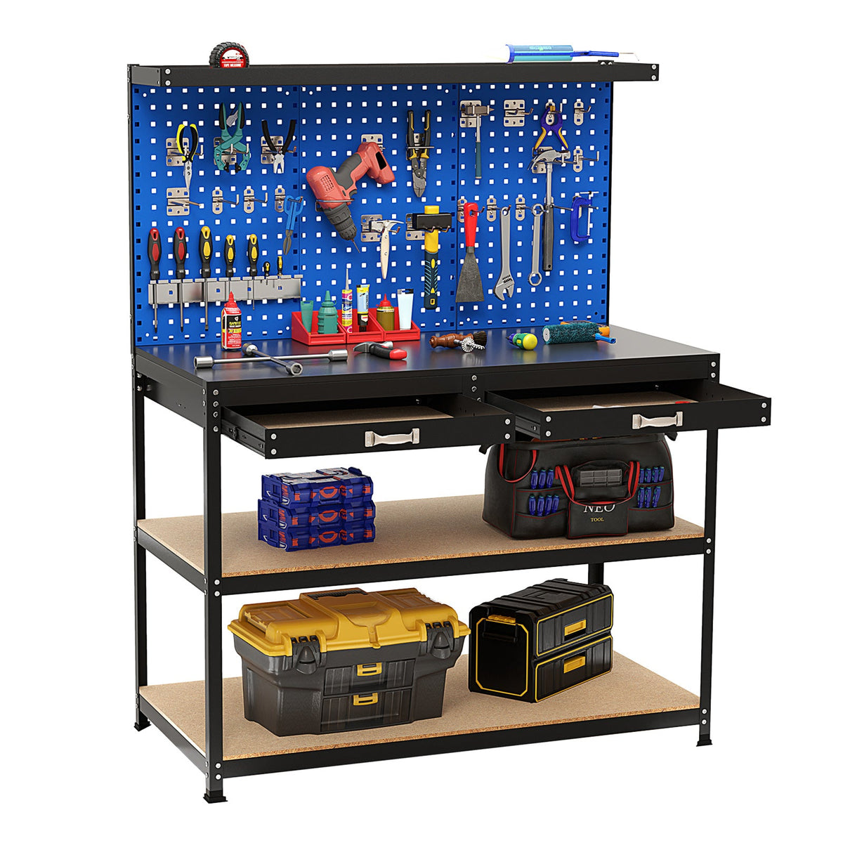 48 x 24 Inch Workbench Work Table with 3 PCs Pegboard Drawer and Shelves