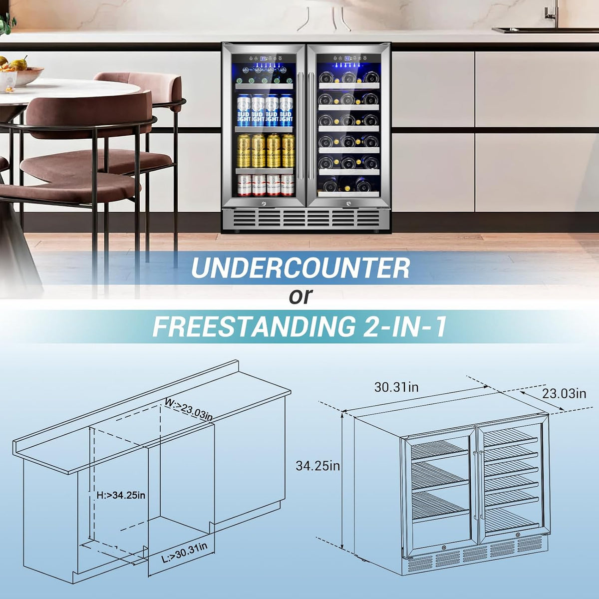 30''Wine and Beverage Refrigerator-Dual Zone under Counter Fridge