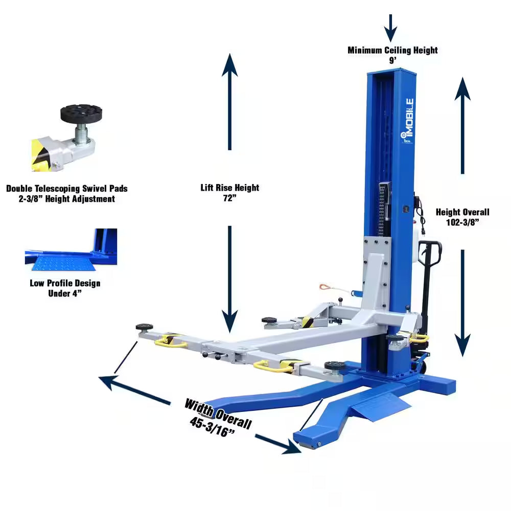 Mobile Single Column Car Lift 6,000 Lbs. Capacity Heavy Duty Model with Stackable Extensions Included
