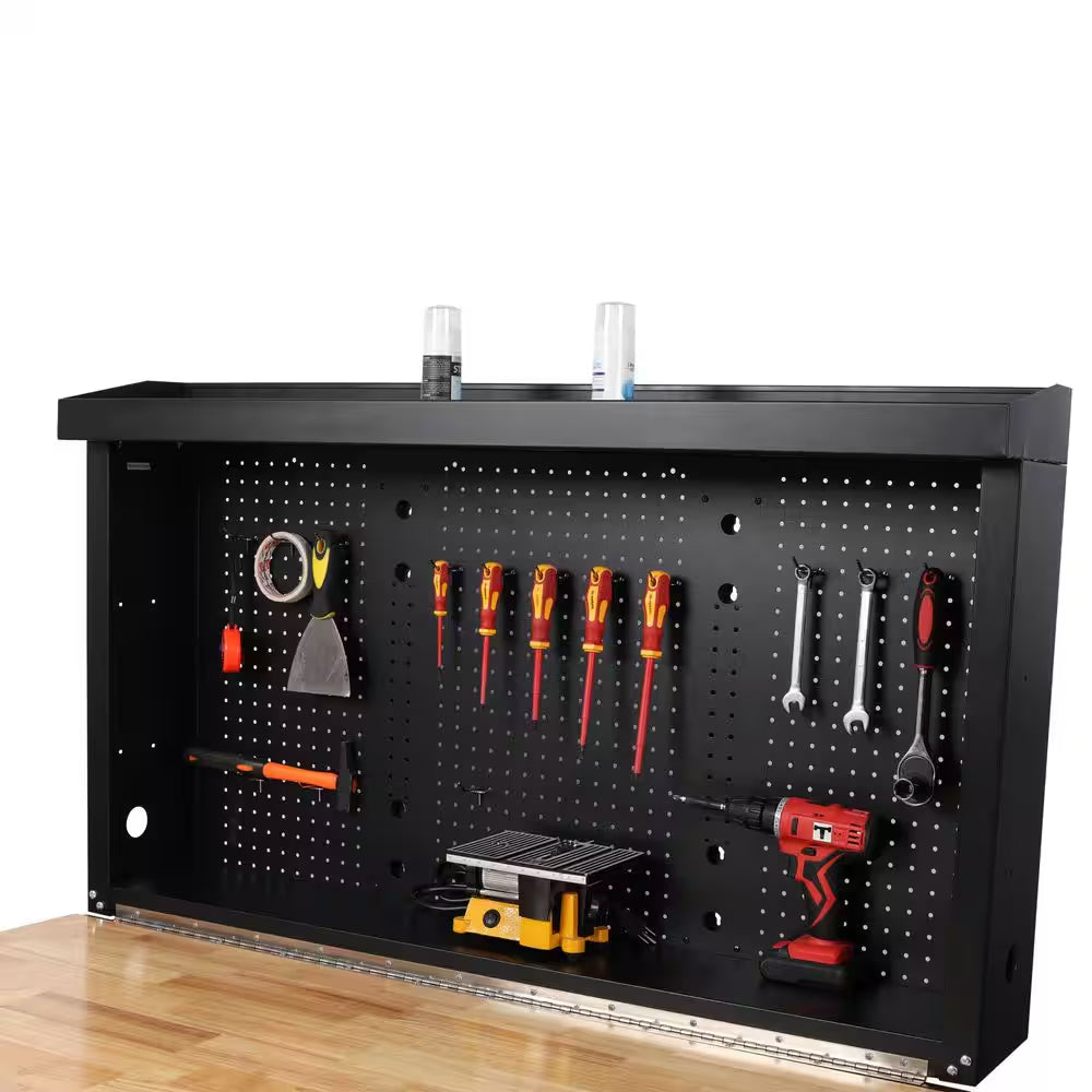 Robust Wall Mounted Tool Rack Foldable Workbench 32.5 In. W × 47.2 In. D × 63.75 In. H with Rubberwood Top Tool Pegboard