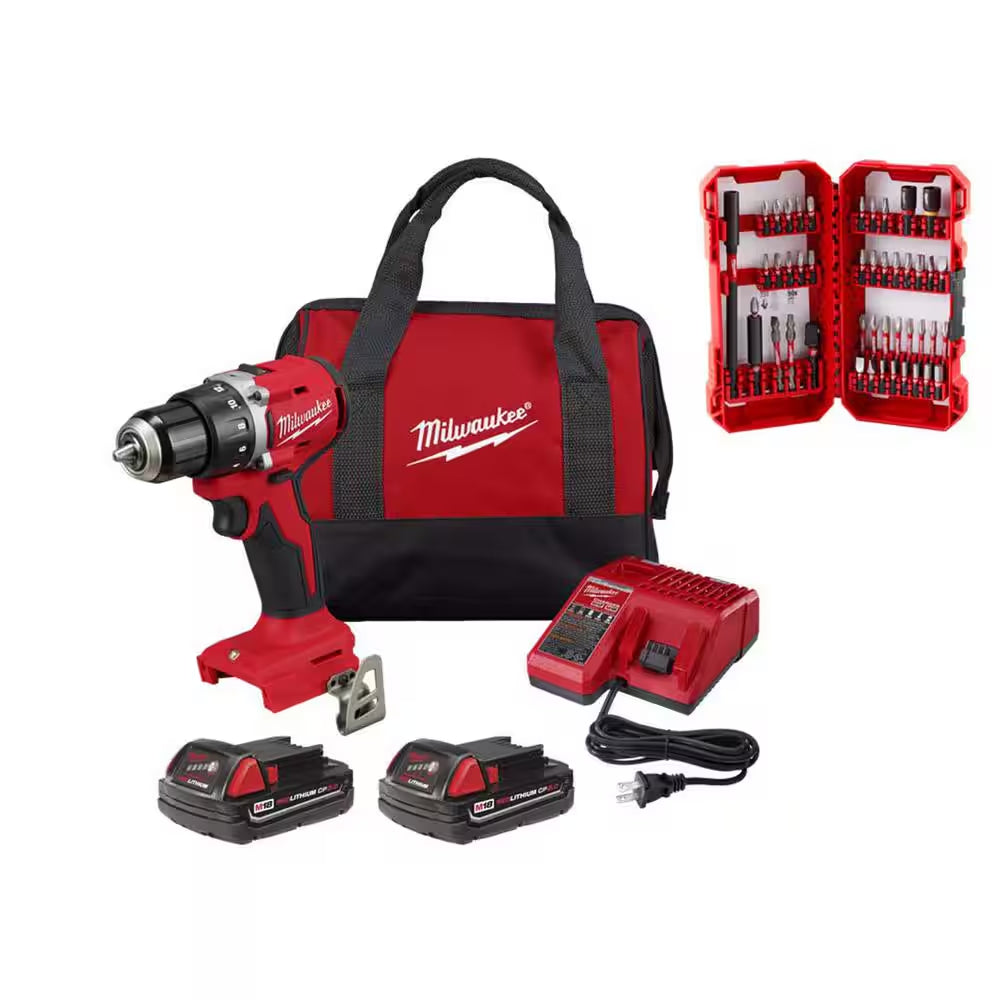 M18 18V Lithium-Ion Brushless Cordless 1/2 In. Compact Drill/Driver Kit with SHOCKWAVE Screw Driver Bit Set (45-Piece)