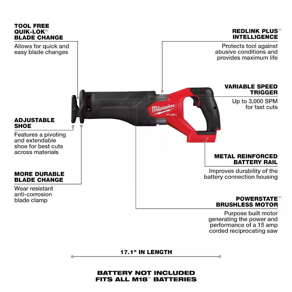 M18 FUEL 18V Lithium-Ion Cordless Combo Kit (5-Tool) W/ 2 5.0 Ah Batteries, Charger & SAWZALL Blades (15-PC)
