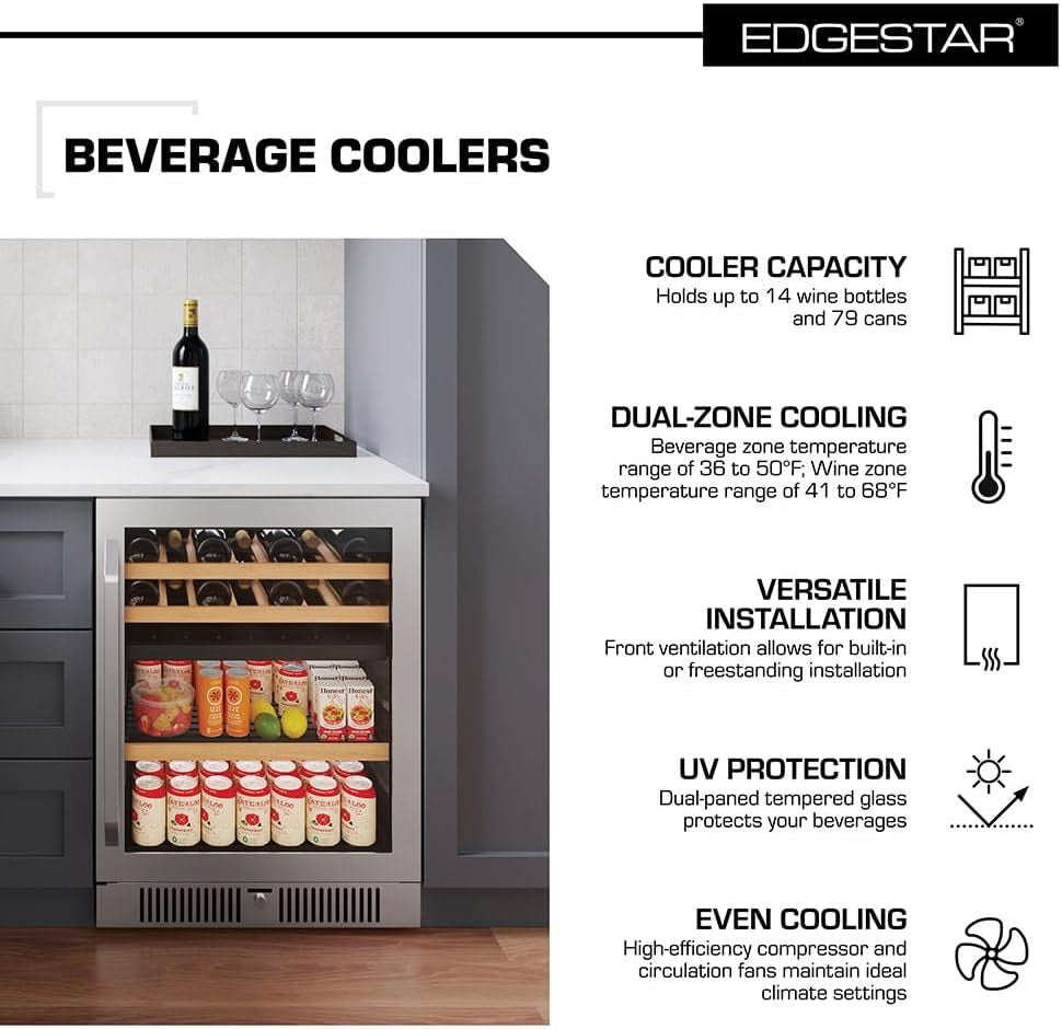 24 Inch 28 Bottle 86 Can Dual Zone Wine and Beverage Cooler