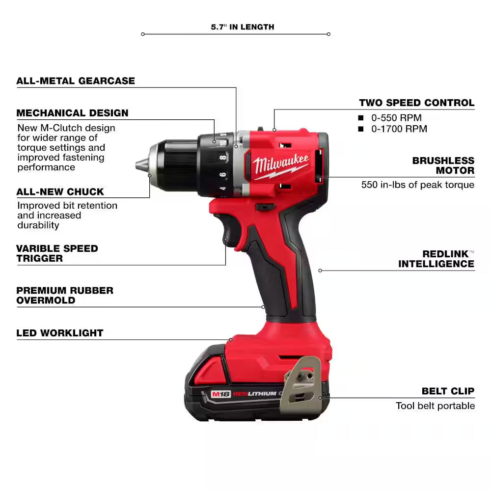 M18 18V Lithium-Ion Brushless Cordless 1/2 In. Compact Drill/Driver Kit with SHOCKWAVE Screw Driver Bit Set (45-Piece)