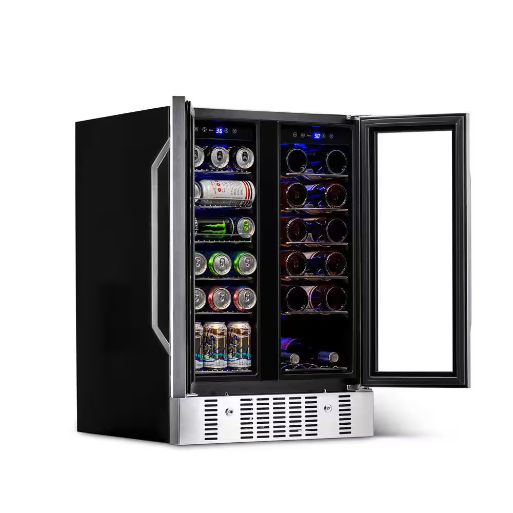 Dual Zone 24 In. Built-In 18-Bottle and 58 Can Wine and Beverage Cooler Fridge with French Doors - Stainless Steel