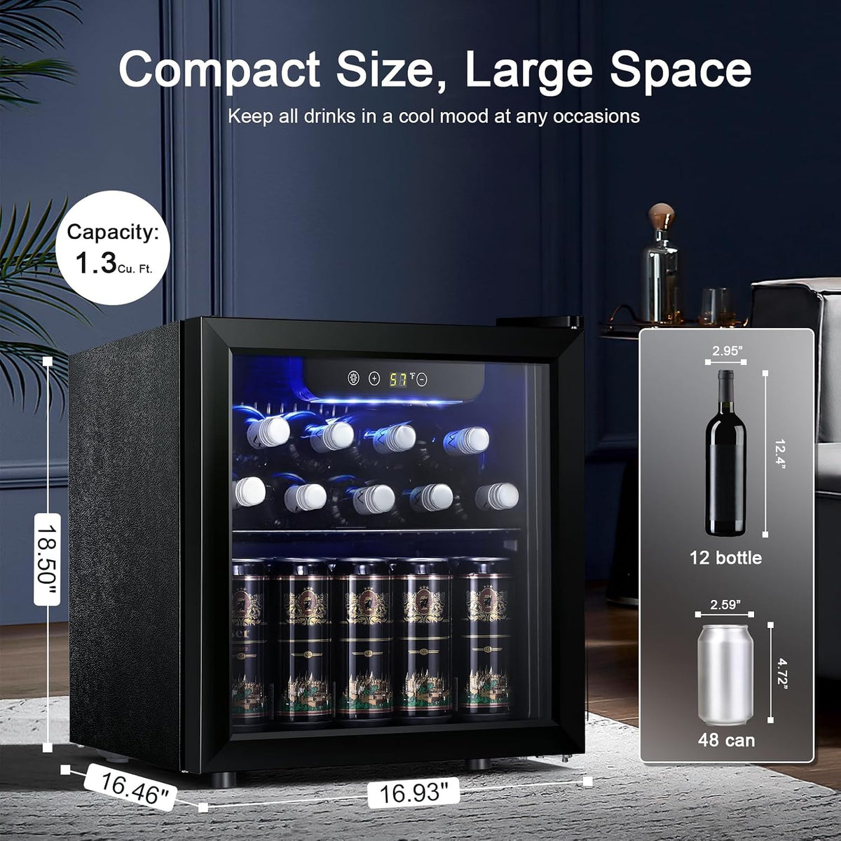 12 Bottle 48 Can Beverage Refrigerator Cooler - Mini Fridge Glass Door for Beer Soda Drinks or Wine,Freestanding Beverage Fridge for Home and Bar with Adjustable Shelving, 1.3 Cu. Ft.