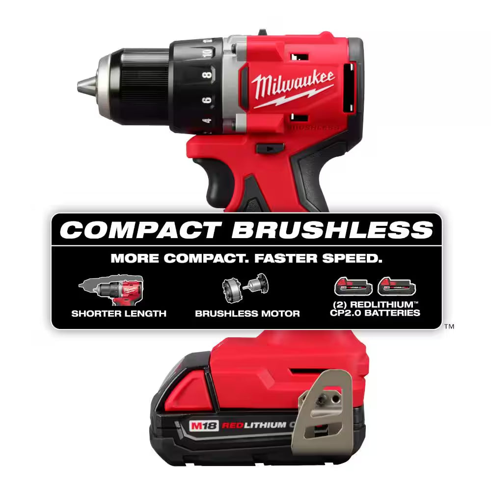 M18 18V Lithium-Ion Brushless Cordless 1/2 In. Compact Drill/Driver Kit with SHOCKWAVE Screw Driver Bit Set (45-Piece)
