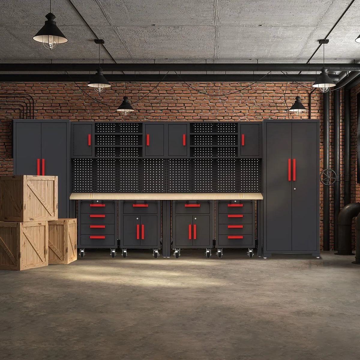 Garage Cabinets Storage System，12Pcs Workshop Set with Steel Cabinet Drawers, Rolling Chest, Workbench, Pegboard for Tool Organization