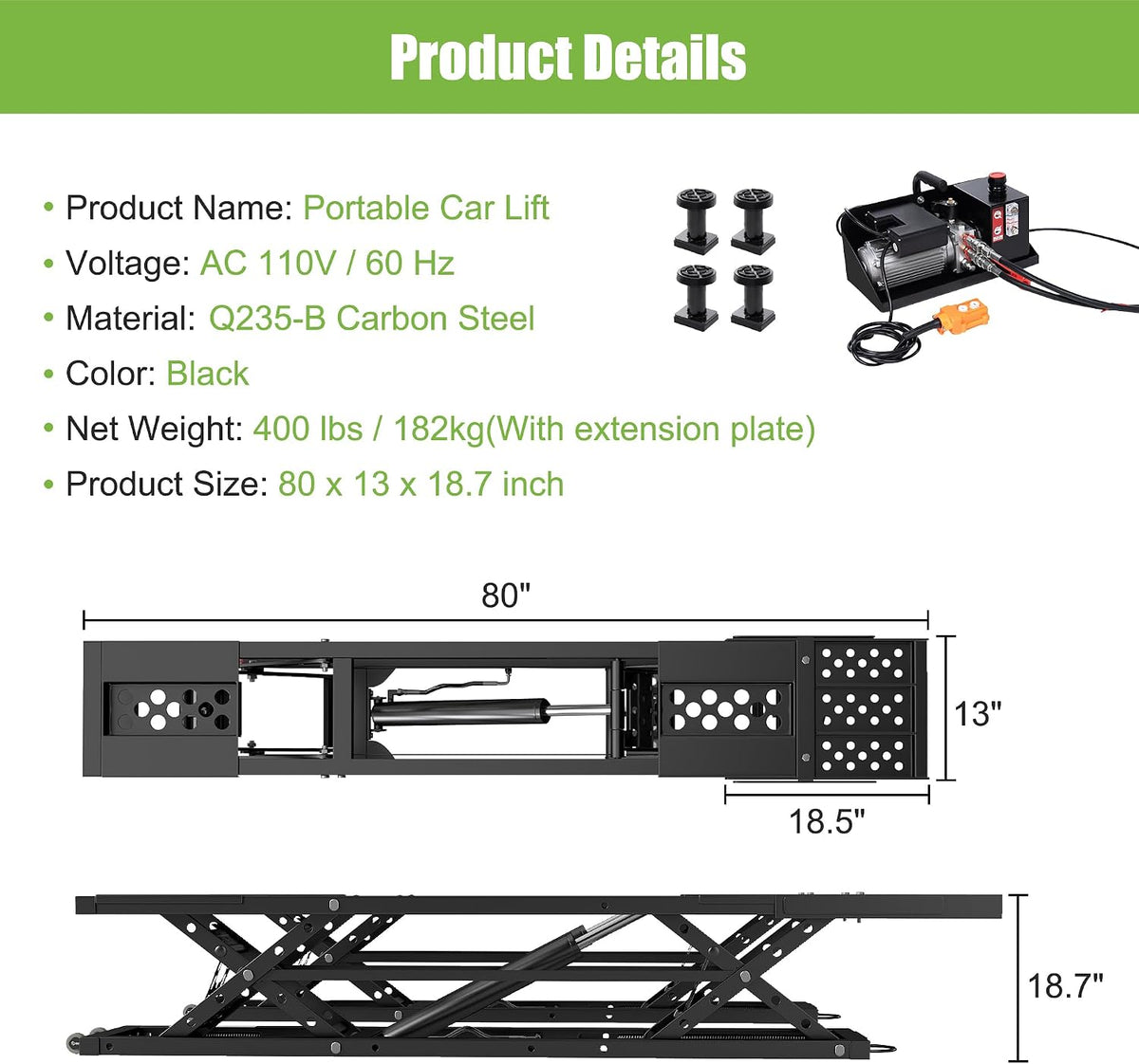 7000 LBS Portable Car Lift with Extension Plates, Black