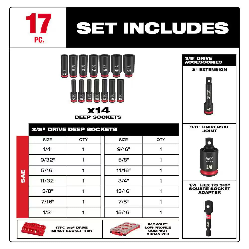 SHOCKWAVE Impact-Duty 3/8 In. Drive SAE Deep Well Impact PACKOUT Socket Set (17-Piece)