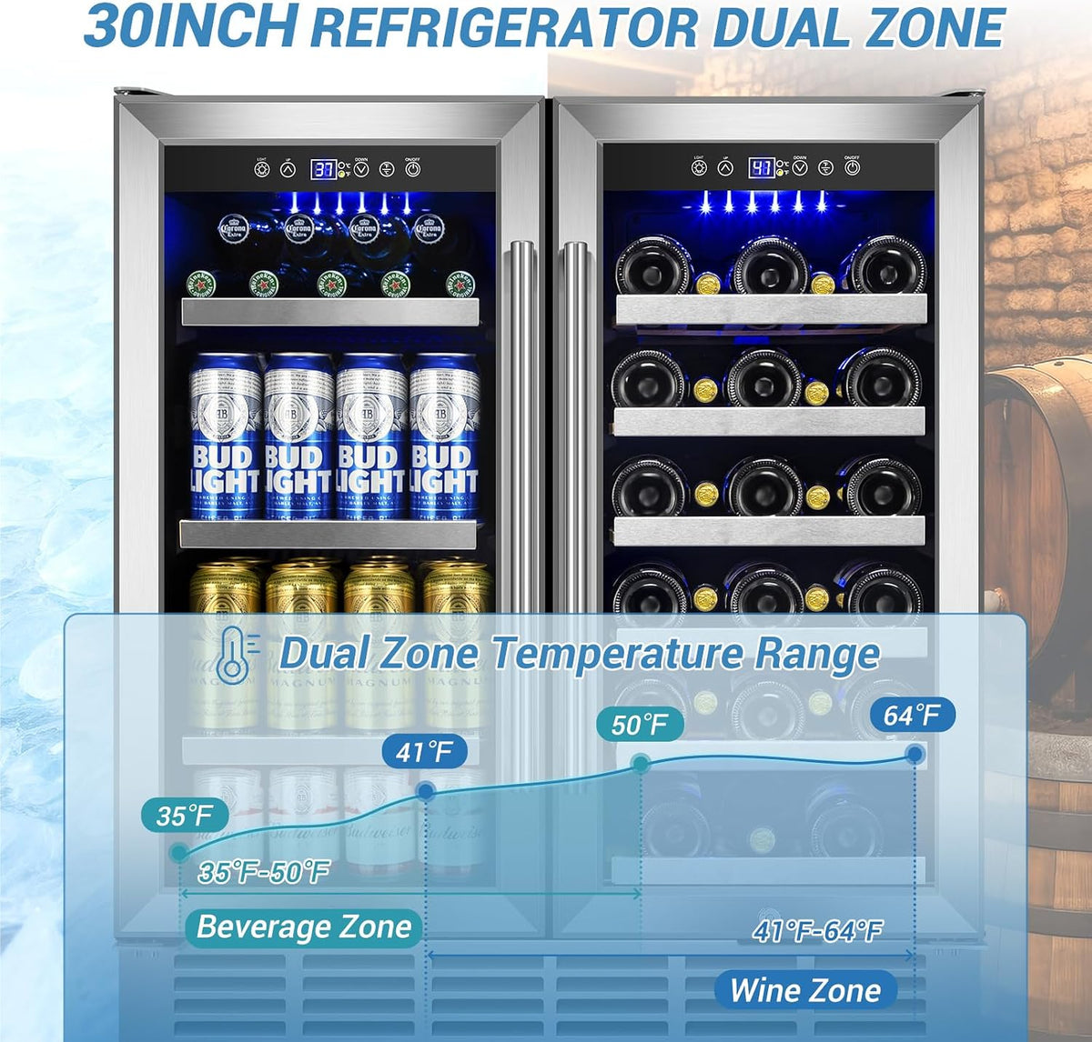 30''Wine and Beverage Refrigerator-Dual Zone under Counter Fridge