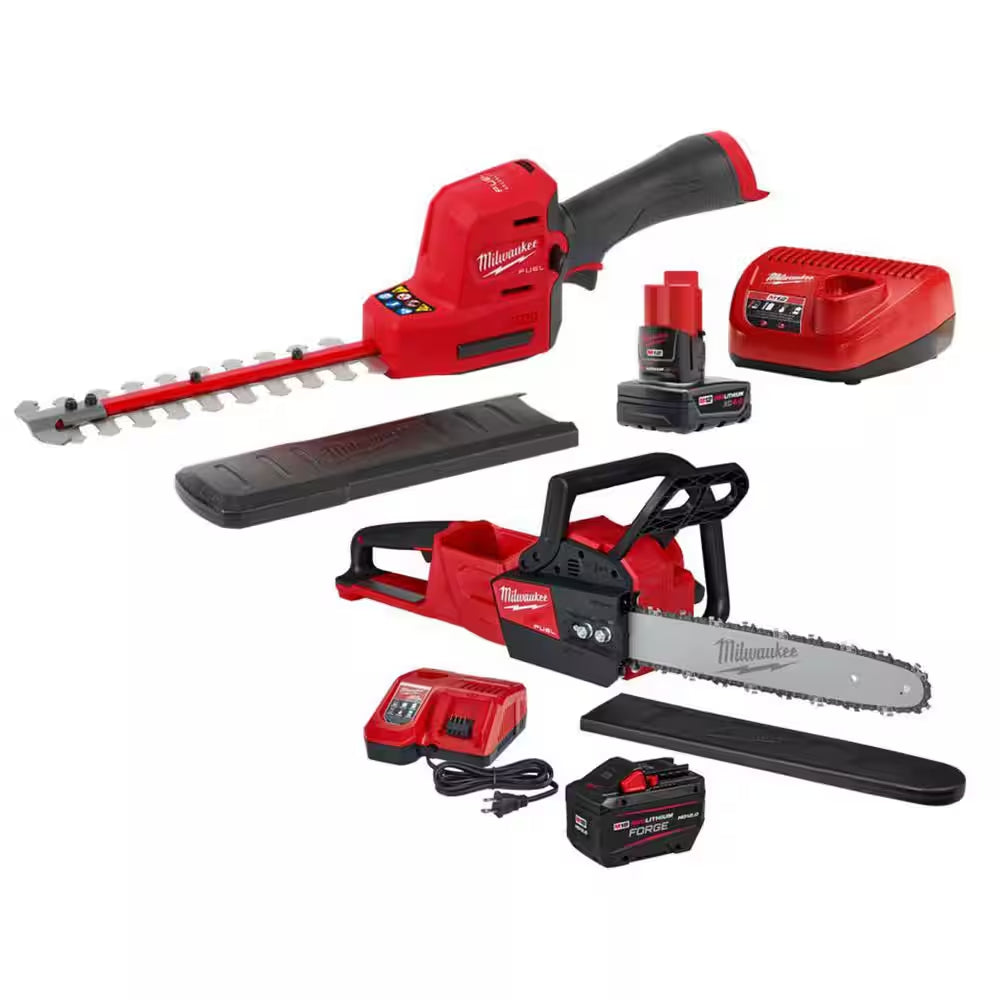 M12 FUEL 8 In. 12V Lithium-Ion Brushless Cordless Hedge Trimmer Kit and M18 FUEL 16 In. Chainsaw Combo Kit (2-Tool)