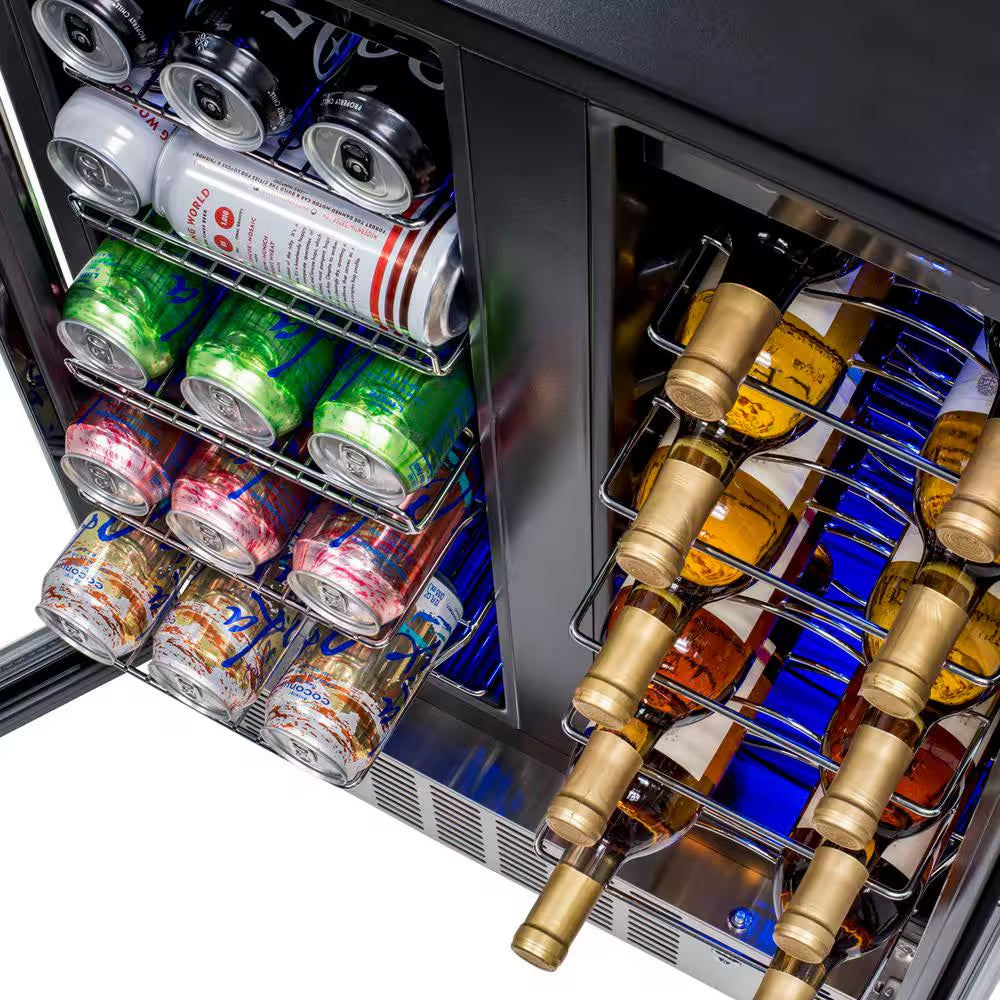 Dual Zone 24 In. Built-In 18-Bottle and 58 Can Wine and Beverage Cooler Fridge with French Doors - Stainless Steel