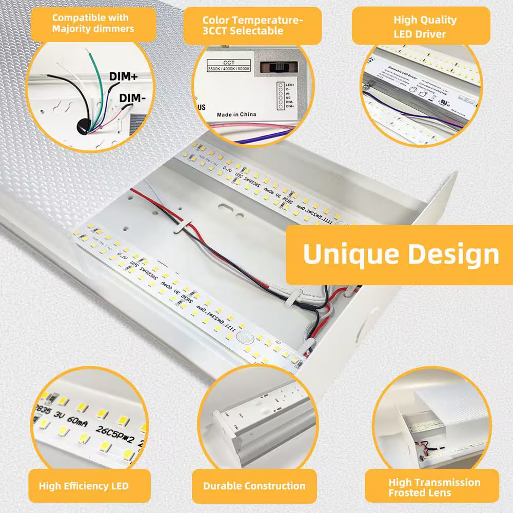 2-Pack 4 Ft. 6000 Lumens Integrated LED Wraparound Light 40W 120-277V Adjustable CCT Dimmable Garage Lighting Workshop