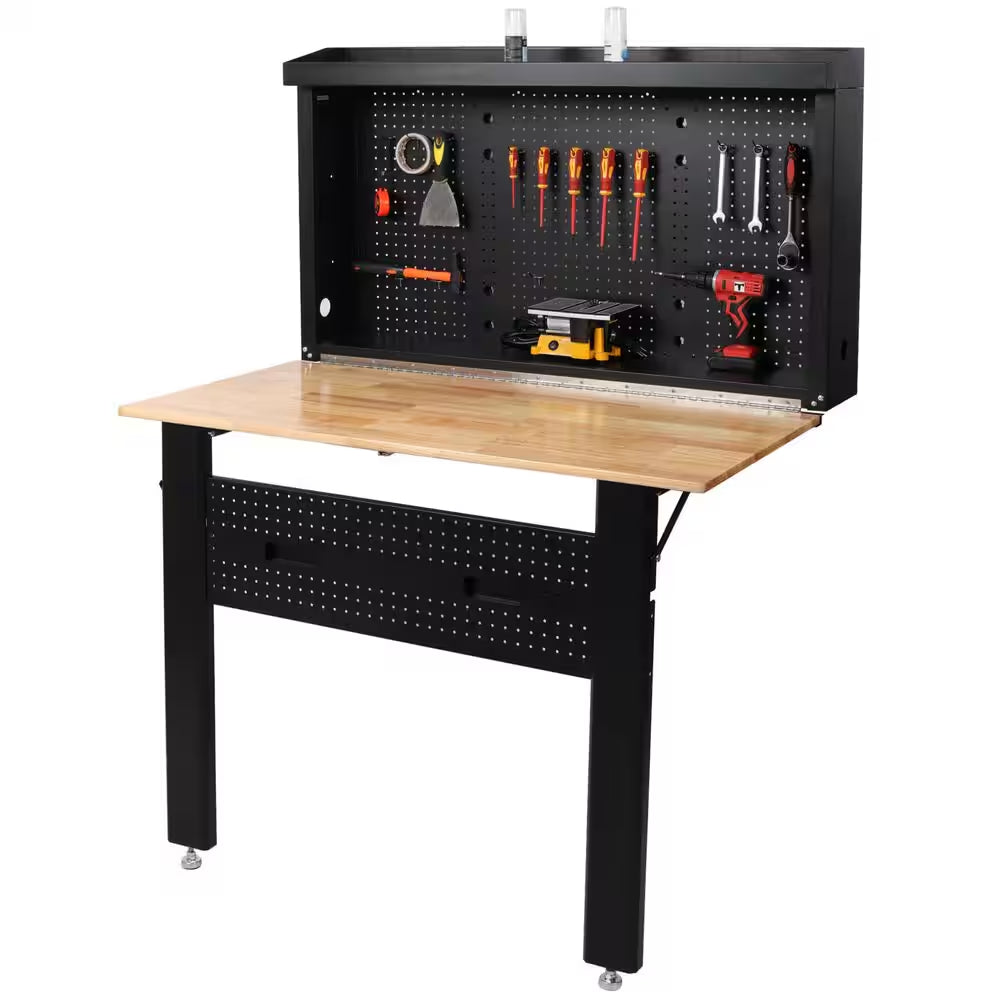 Robust Wall Mounted Tool Rack Foldable Workbench 32.5 In. W × 47.2 In. D × 63.75 In. H with Rubberwood Top Tool Pegboard