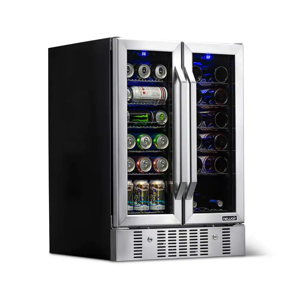 Dual Zone 24 In. Built-In 18-Bottle and 58 Can Wine and Beverage Cooler Fridge with French Doors - Stainless Steel