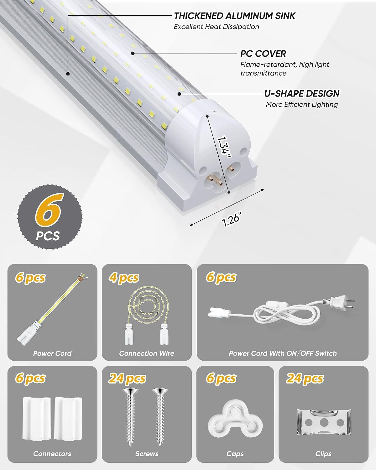8FT 6 Pack LED Shop Lights, 120W 18000LM 6000K Garage Lighting