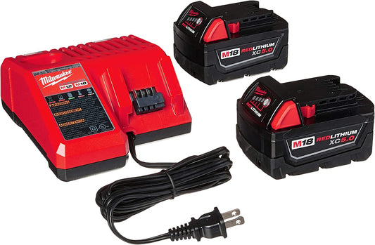 Milwaukee 48-59-1850 M18 RED LITHIUM XC 5.0 Ah Batteries (2) + 48-59-1812 M12 and M18 Multi Voltage Charger Kit