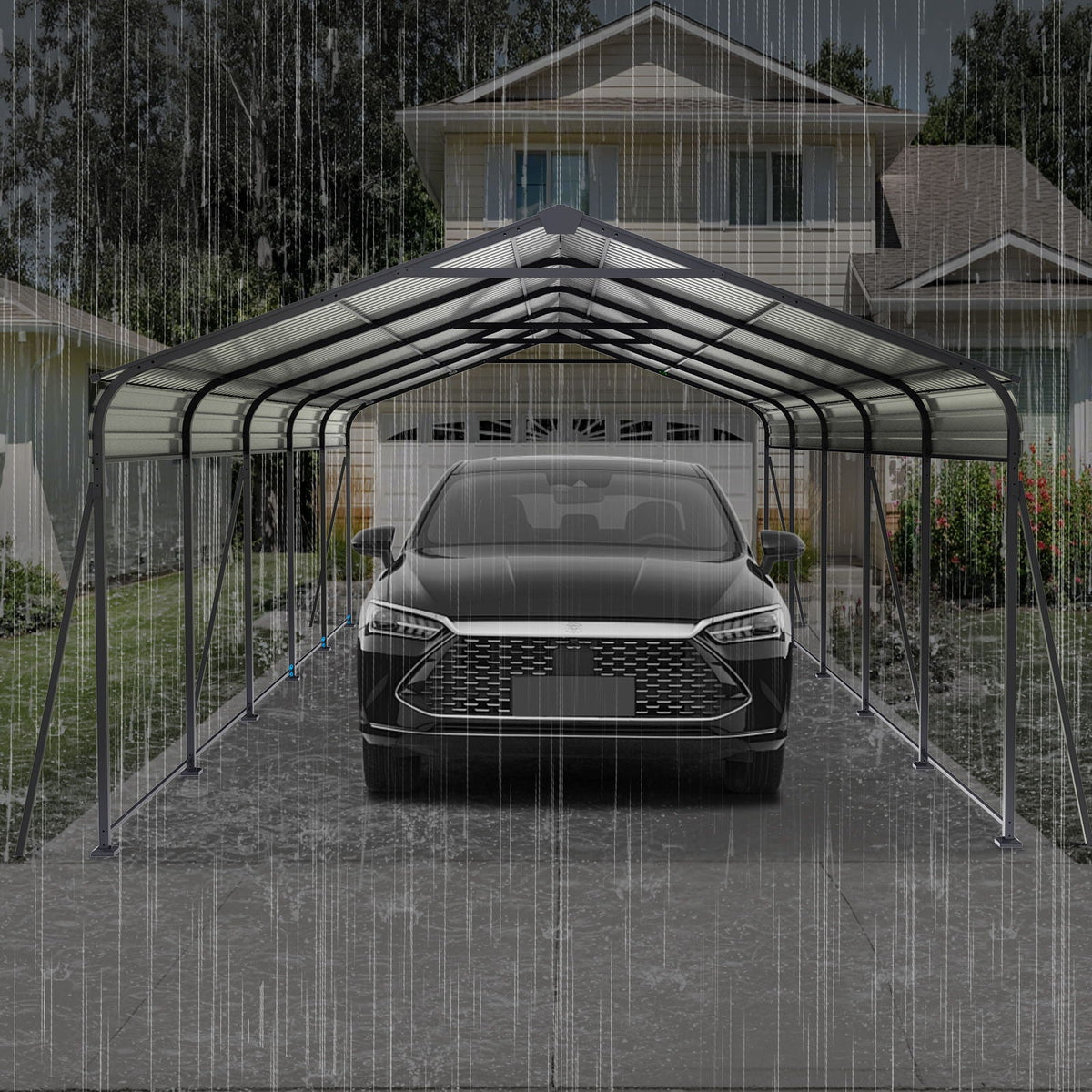 Metal Carport 13 X 26.5 Ft Heavy Duty With Galvanized Steel Roof Metal Garage Canopy With Galvanized Steel Roof & Frame Car Tent Outdoor Storage Shed For Car Boats And Truck - Gray
