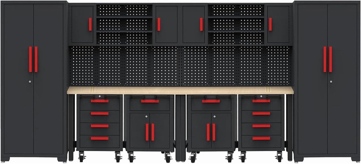 Garage Cabinets Storage System，12Pcs Workshop Set with Steel Cabinet Drawers, Rolling Chest, Workbench, Pegboard for Tool Organization