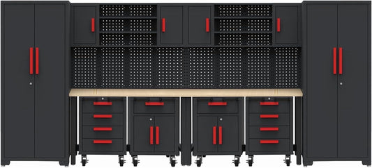 Garage Cabinets Storage System，12Pcs Workshop Set with Steel Cabinet Drawers, Rolling Chest, Workbench, Pegboard for Tool Organization