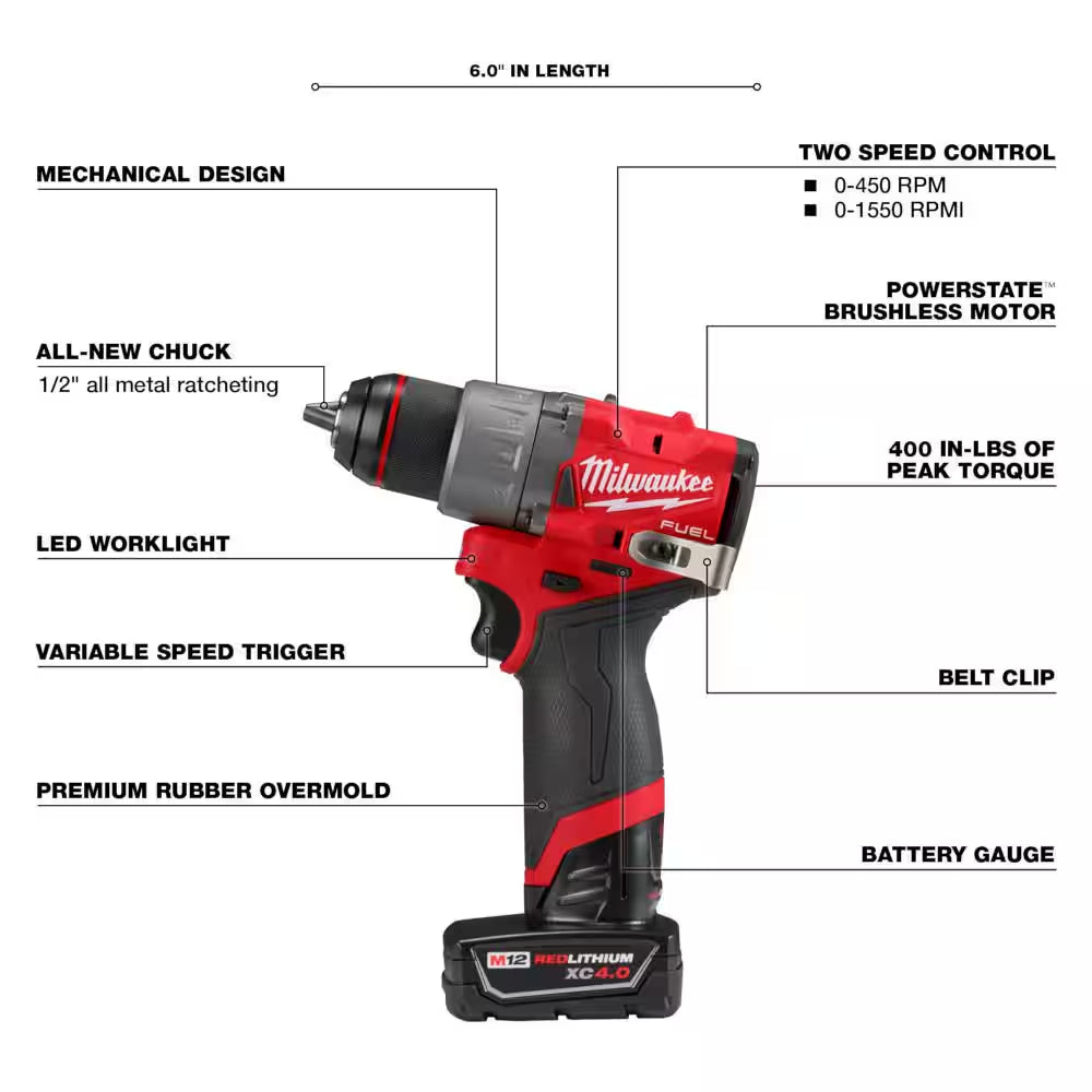 M12 Fuel 12-Volt Lithium-Ion Brushless Cordless Hammer Drill/Impact Driver Combo Kit plus 2.0 Ah Battery