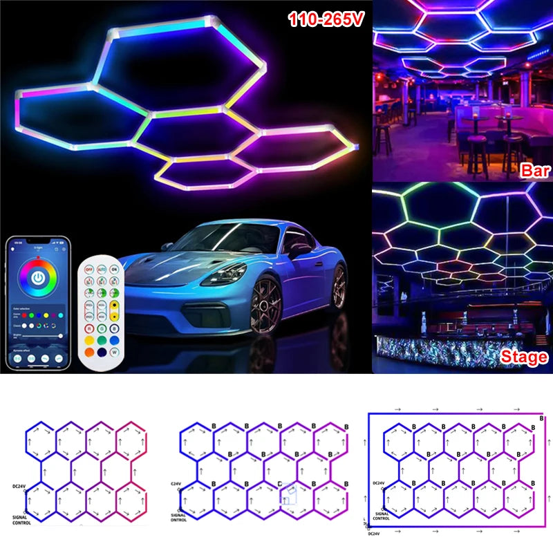 RGB Hexagon LED Lighting Hexagon Garage Light Honeycomb Lamps 110-265V for Car Wash Repair Workshop Decor Ceiling Lighting
