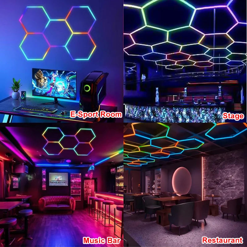 RGB Hexagon LED Lighting Hexagon Garage Light Honeycomb Lamps 110-265V for Car Wash Repair Workshop Decor Ceiling Lighting