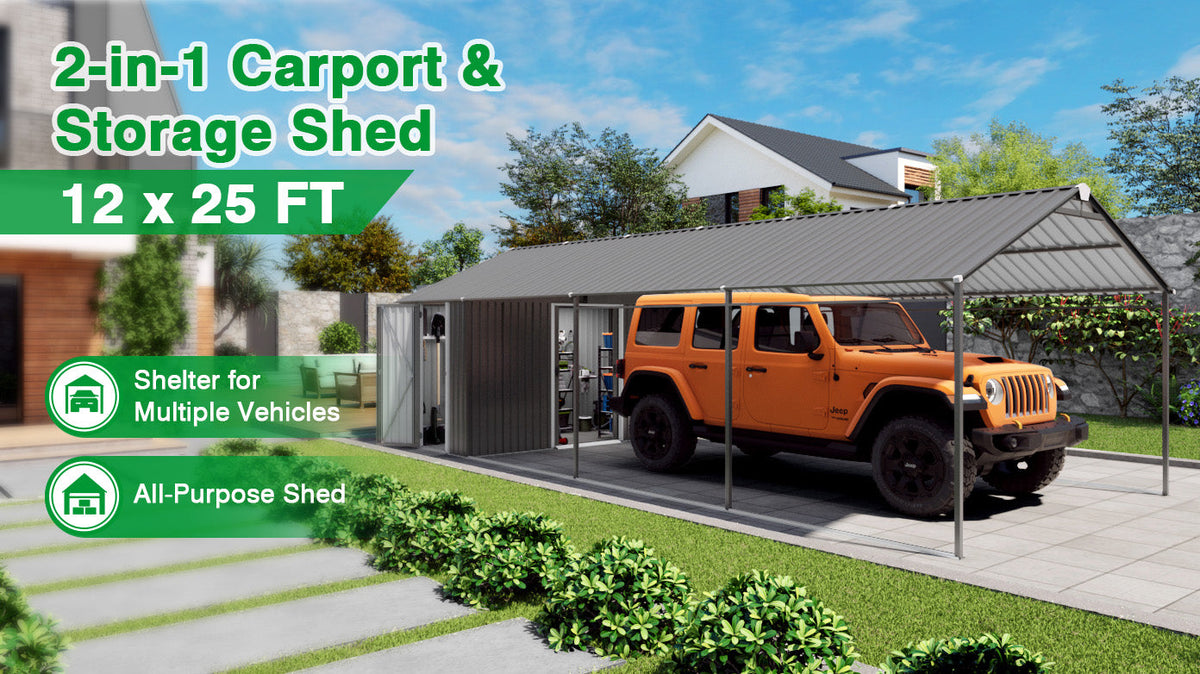 12x25 FT Galvanized Steel Carport with Shelter and Shed