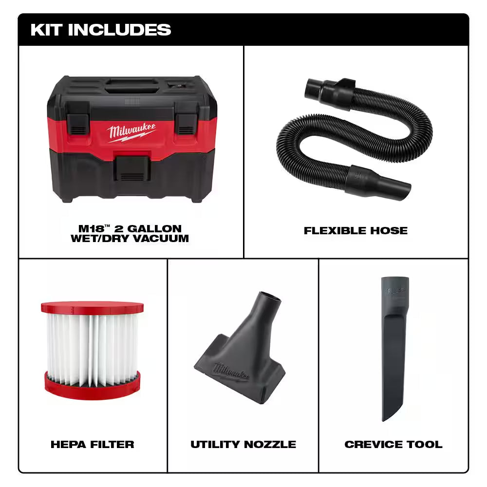 M18 18-Volt 2 Gal. Lithium-Ion Cordless Wet/Dry Vacuum with AIR-TIP 1-1/4 In. - 2-1/2 In. (4-Piece) Automotive Kit