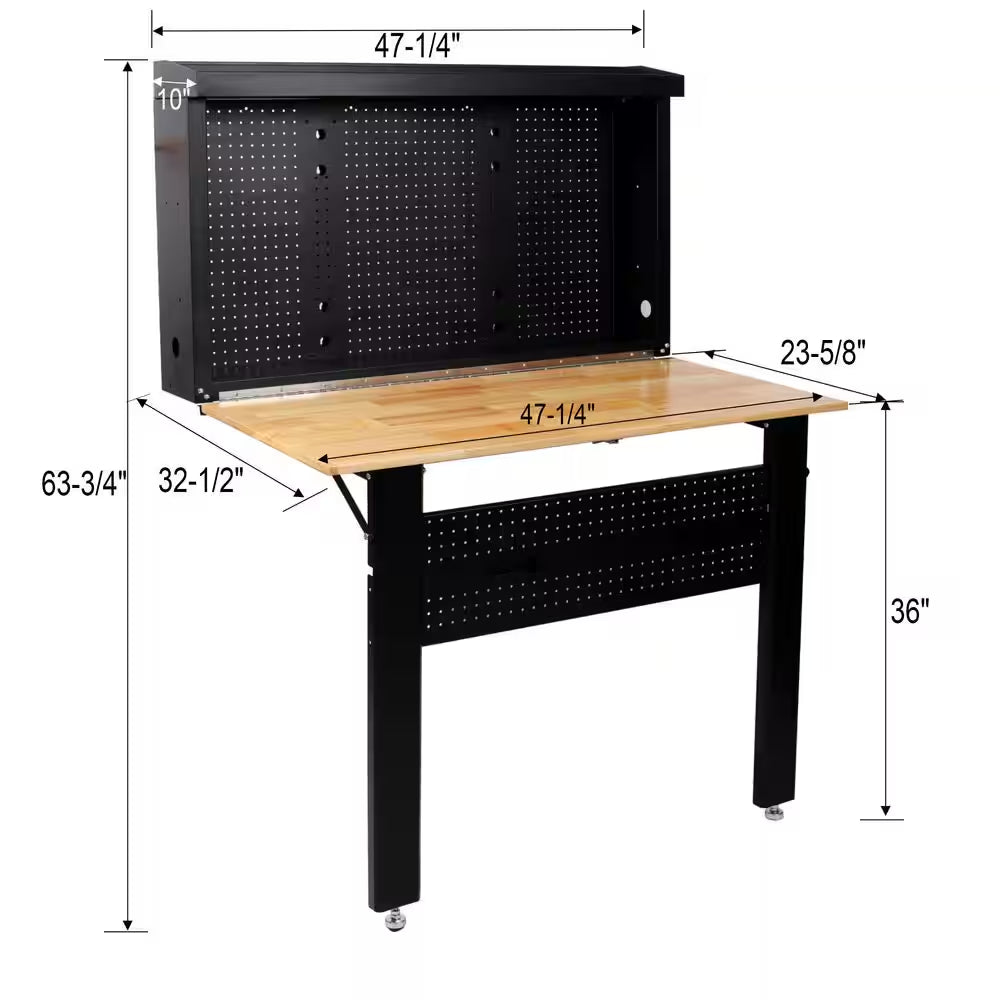 Robust Wall Mounted Tool Rack Foldable Workbench 32.5 In. W × 47.2 In. D × 63.75 In. H with Rubberwood Top Tool Pegboard