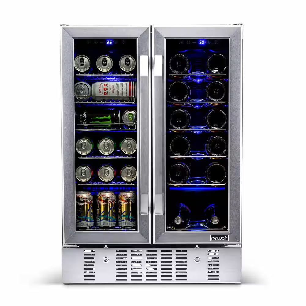 Dual Zone 24 In. Built-In 18-Bottle and 58 Can Wine and Beverage Cooler Fridge with French Doors - Stainless Steel